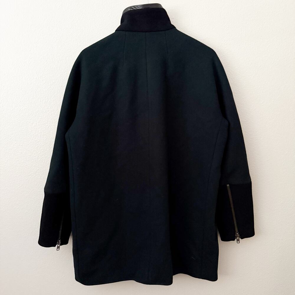 MADEWELL | Green Black City Grid Cocoon Coat Faux Leather Trim Wool Zip | 12 - Picture 3 of 9